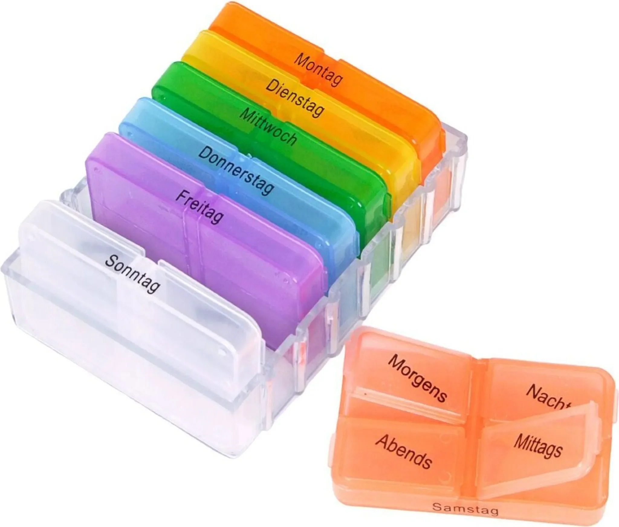 Buri – 7-Tage Pillenbox mit vier Tagesfächern, bunt