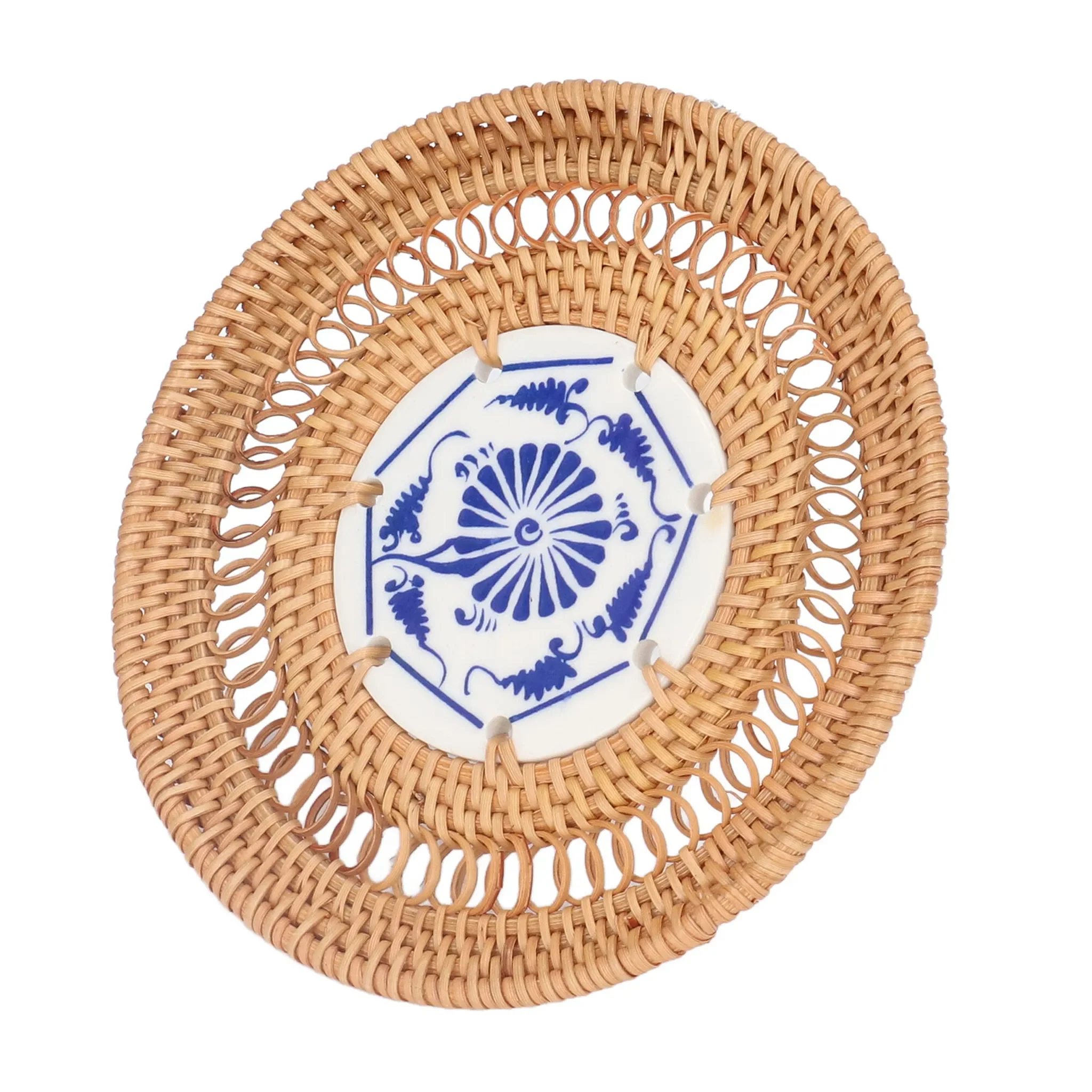 Cocosity – Untersetzer Rattan & Porzellan Ø 13 cm (blau-weiß)